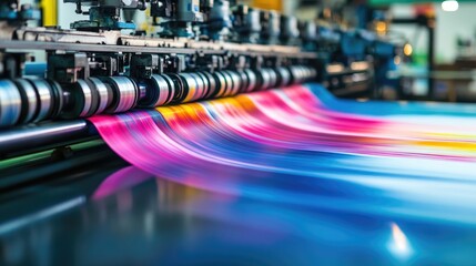 Poster - An industrial color printing process with vibrant ink flowing through machinery, emphasizing the innovation and technology of modern printing methods.
