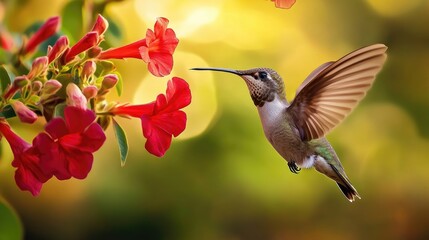 Poster - Anna hummingbird perched gracefully near a red Mandevilla flower, with its wings in motion, highlighting the bird elegance and beauty.