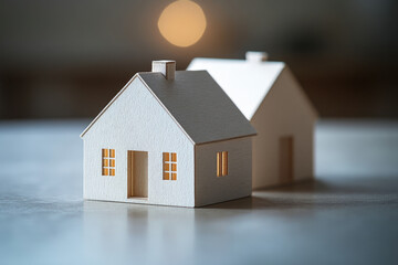 Poster - Two miniature white houses symbolize homeownership, real estate, and new beginnings.