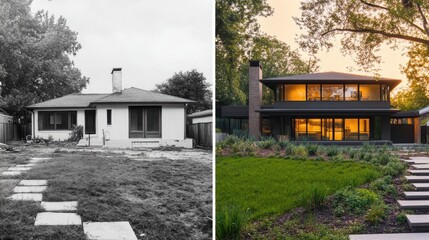 Poster - Before and after comparison of a neglected, run-down house turned into a modern custom home with lush landscaping and beautiful outdoor design.