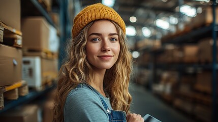 Poster - smart warehouse management female employee or supervisor using digital tablet to check stock inventory