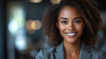 Poster - smiling african american businesswoman in professional attire posing confidently in a studio setting close up shot