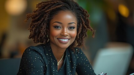 Poster - smiling african american businesswoman taking notes during her daily work routine in a modern office environment