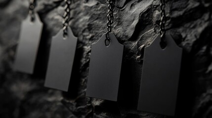 Poster - Black square tags hanging on a chain with a dark stone background, offering a dramatic and contemporary aesthetic for product or brand displays.
