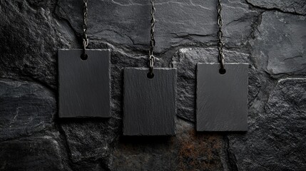 Poster - Black square tags hanging on a chain with a dark stone background, offering a dramatic and contemporary aesthetic for product or brand displays.