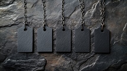 Poster - Black square tags hanging on a chain with a dark stone background, offering a dramatic and contemporary aesthetic for product or brand displays.