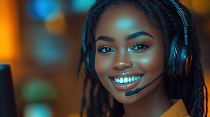 Poster - smiling african female call center agent providing professional customer service with voip headset and microphone in modern office environment offering consulting and technical support assistance