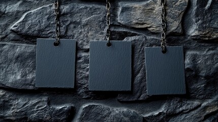 Aufkleber - Blank black square tags suspended by a chain, positioned against a dark stone background, perfect for showcasing brand identity or labels.