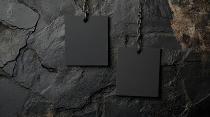 Aufkleber - Blank black square tags suspended by a chain, positioned against a dark stone background, perfect for showcasing brand identity or labels.