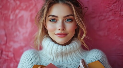 Poster - smiling and attractive woman in white sweater holding shopping bags against pink background