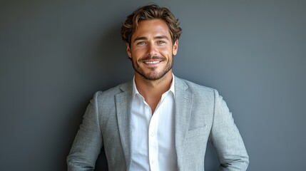 Poster - smiling brunette man dressed in formal attire posing confidently with hands in pockets against a neutral background