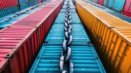 Poster - Cargo containers in various vibrant colors, separated by a large chain, signifying disruptions and barriers in global commerce due to trade wars and sanctions.