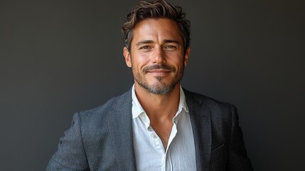 Poster - smiling brunette man dressed in formal attire posing confidently with hands in pockets against a neutral background