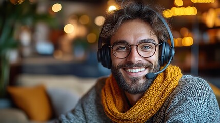Poster - smiling call center operator wearing a headset working remotely in a cozy living room providing customer support and demonstrating professional service in a home office environment
