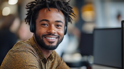 Poster - smiling customer service representative with an afro hairstyle providing professional support while using a headset and computer in a modern office environment