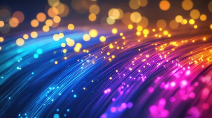 Poster - Colorful fiber optic cables glowing with vibrant light streams, illustrating high-tech communication networks and modern technological connections.
