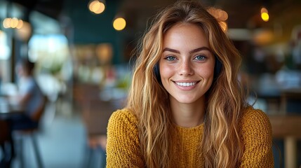 Poster - smiling female customer service representative engaging in a professional call through headset while