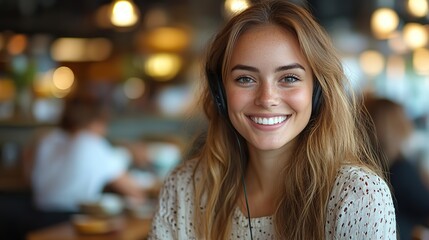 Poster - smiling female customer service representative engaging in a professional call through headset while