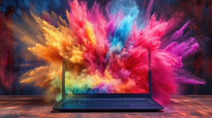 Aufkleber - Creative explosion of vibrant colored powder spilling out of a laptop screen, showcasing digital art and imaginative design in a modern workspace.