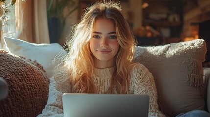 Poster - smiling freelancer working on laptop at a modern desk in a cozy living room with natural light panoramic view showcasing a comfortable and productive home office environment for remote work