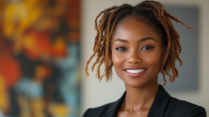Poster - smiling professional woman enjoying productive day in modern office space