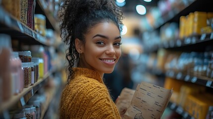Poster - smiling woman browsing products between store shelves in a modern retail shop