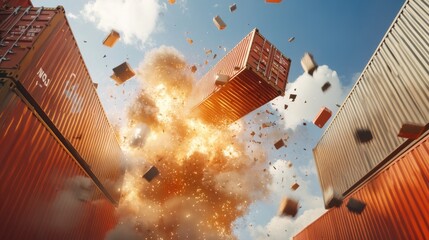Aufkleber - Exploding shipping containers in mid-air, creating metallic debris, representing the fierce trade war between China and the US.