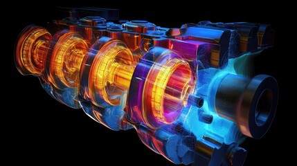 Poster - FEM analysis of crankshaft and pistons, with a color map highlighting areas of high stress, used for engine performance testing.
