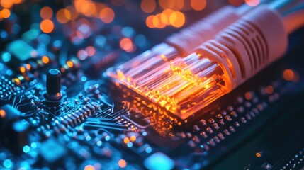 Poster - Fiber optic cables glowing as data travels across a modern circuit board, showcasing the rapid advancement of technology and high-speed communication.