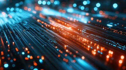 Poster - Fiber optic cables glowing as data travels across a modern circuit board, showcasing the rapid advancement of technology and high-speed communication.