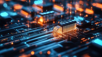 Poster - Fiber optic cables glowing as data travels across a modern circuit board, showcasing the rapid advancement of technology and high-speed communication.