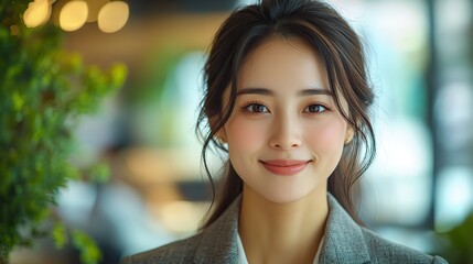 Poster - smiling young asian businesswoman using smartphone while working on laptop at modern office professional woman in business suit engaged in online communication