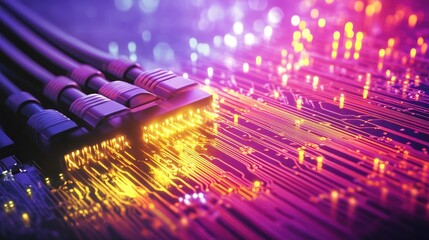 Poster - Fiber optic strands glowing with futuristic lights, transmitting data across a circuit board, highlighting high-speed communication and technological advancement.