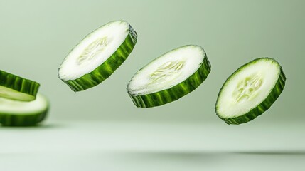 Poster - Fresh, healthy cucumber slices levitating against a clean background, emphasizing the freshness and nutritional benefits of the vegetable.