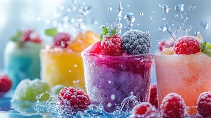 Aufkleber - Frozen desserts in various vibrant colors, with fresh berries and a splash of water in the background, creating a lively and refreshing scene.