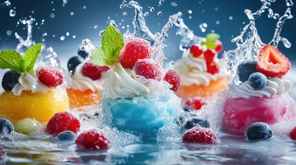 Aufkleber - Frozen desserts in various vibrant colors, with fresh berries and a splash of water in the background, creating a lively and refreshing scene.