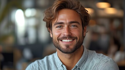 Poster - smiling young male customer support executive providing professional assistance while working in a modern office environment