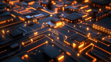 Poster - Glowing digital elements on a futuristic circuit board, highlighting the intricate design and technological advancements in modern electronics.
