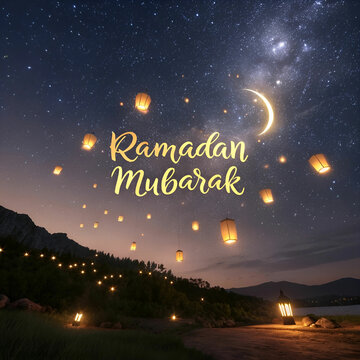 An artistic digital painting of a golden Ramadan scene featuring a beautifully illuminated crescent moon