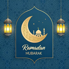 Aufkleber - Elegant Ramadan Mubarak design with a crescent moon and intricate patterns.