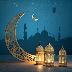 Aufkleber - Elegant Ramadan Mubarak design with a crescent moon and intricate patterns.