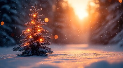Poster - snowy tree with garland lights on festive widescreen background