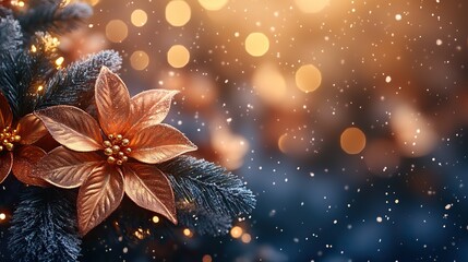 Poster - snowy tree with garland lights on festive widescreen background