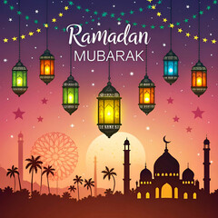 Aufkleber - Glowing lanterns, stars, and a mosque silhouette.