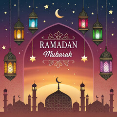 Aufkleber - Glowing lanterns, stars, and a mosque silhouette.