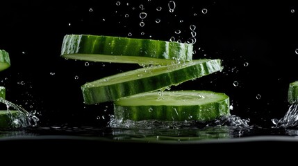 Poster - Levitation of crisp cucumber slices with water droplets, highlighting freshness and the health benefits of the vegetable.