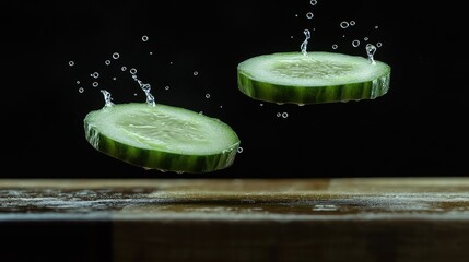 Poster - Levitation of crisp cucumber slices with water droplets, highlighting freshness and the health benefits of the vegetable.