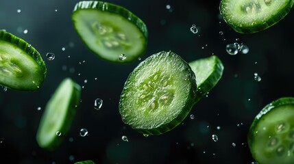 Poster - Levitation of fresh cucumber slices, suspended in the air, symbolizing health, nutrition, and the crispness of the vegetable.