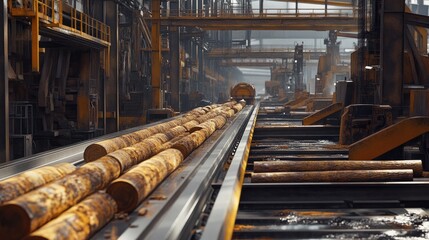 Poster - Logs moving along a conveyor belt in a bustling lumber processing factory, emphasizing the scale and precision of industrial timber processing.