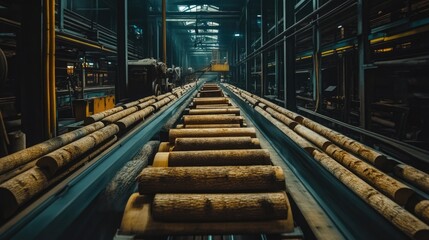 Aufkleber - Logs moving smoothly on a conveyor belt inside a lumber processing factory, showcasing the efficiency and machinery of the wood production process.